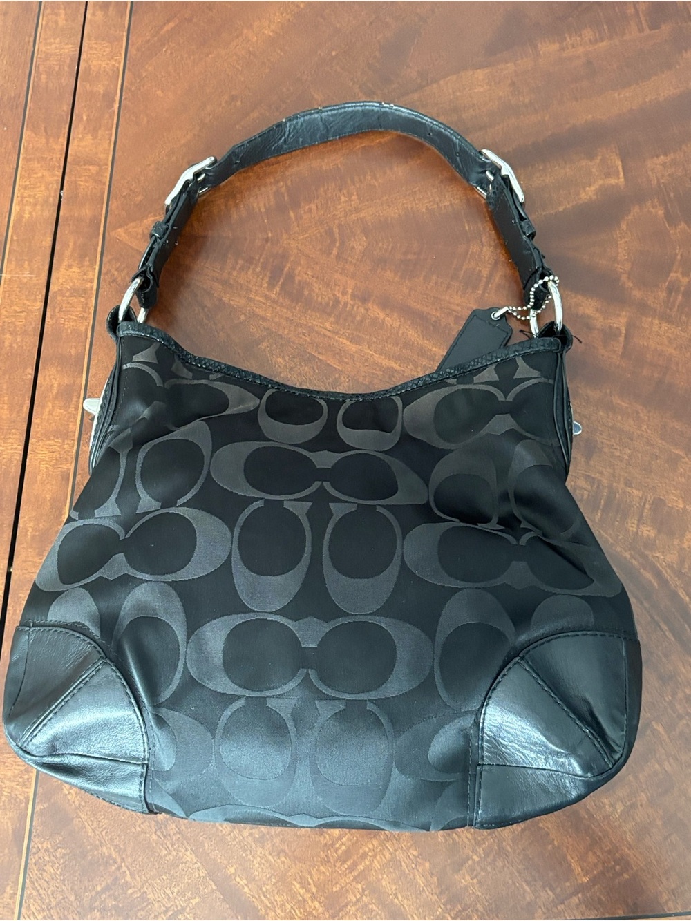 COACH Black Signature Jacquard Hobo Bag Snakeskin Trim 14525
